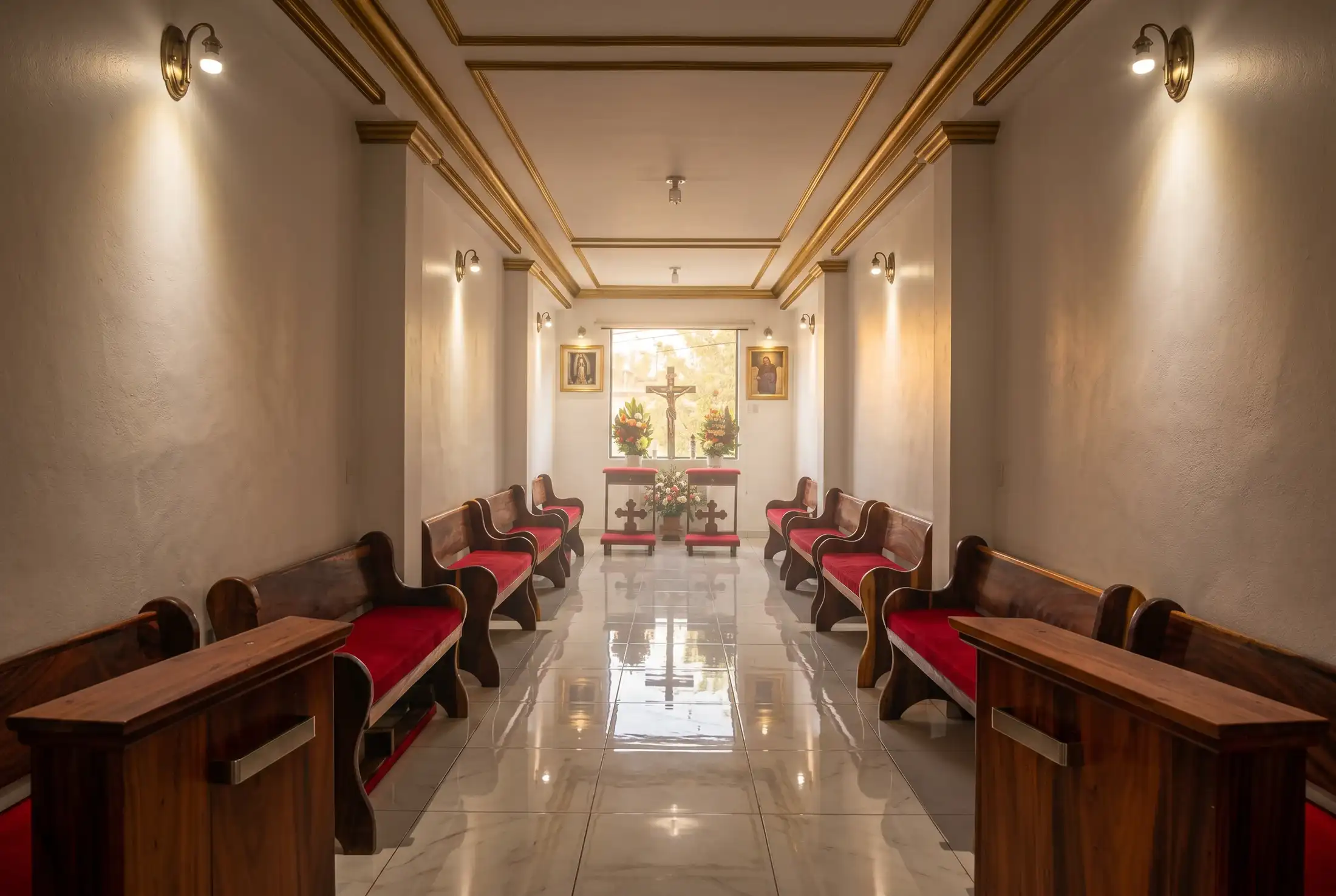Capilla de Rayito con bancas de madera y cojines rojos