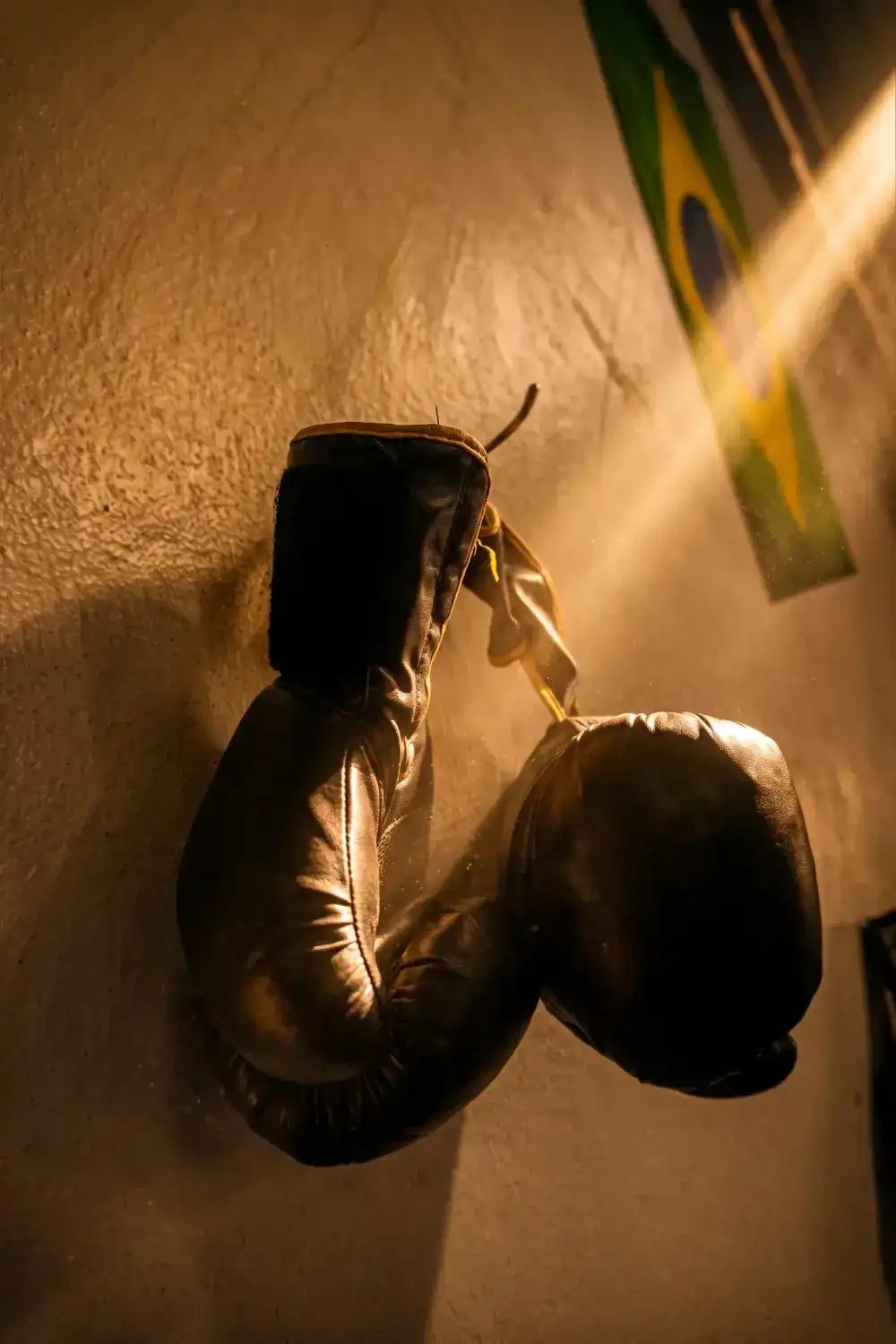 Guantes de box colgados en la pared, cruzados por un rayo de luz